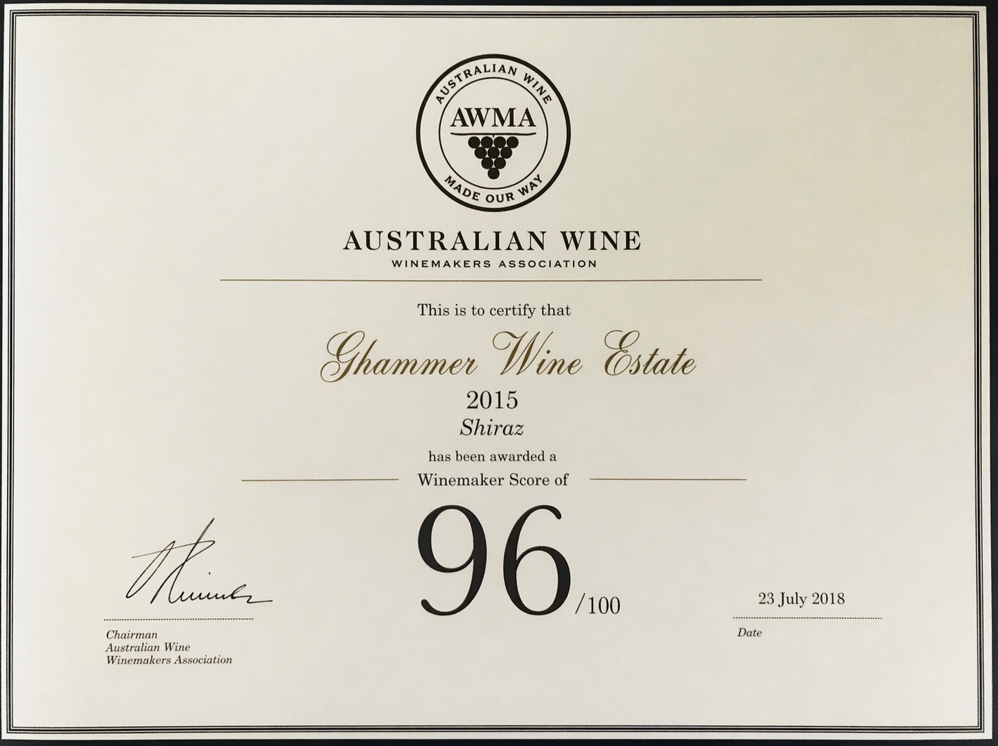 Ghammer Wine Estate Shiraz 96/100 证书