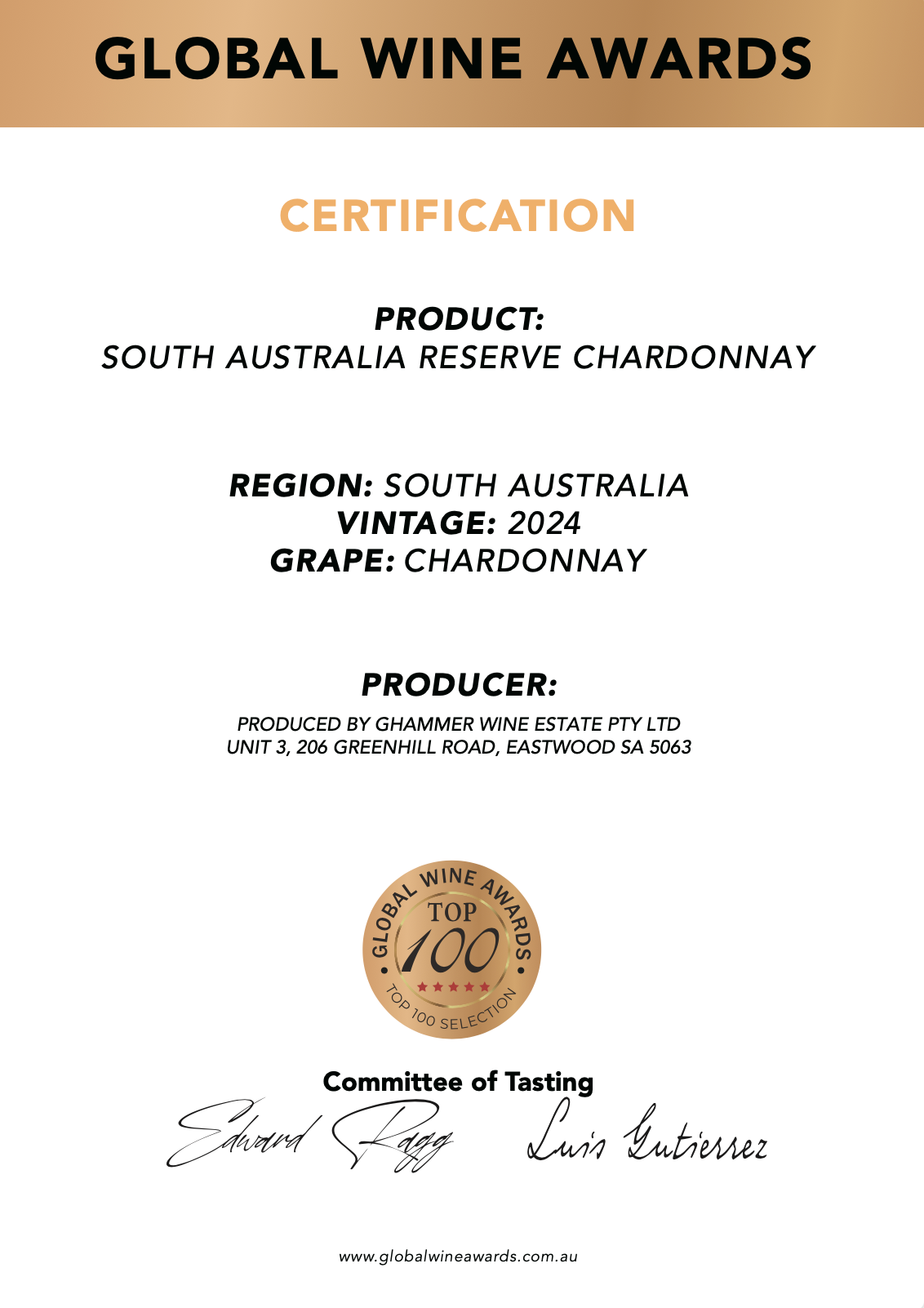 South Australia Reserve Chardonnay Top 100 证书