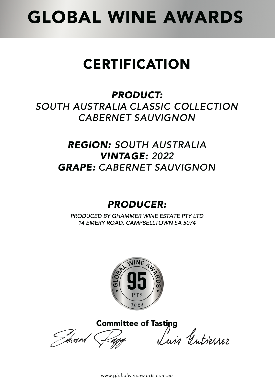 South Australia Classic Collection Cabernet Sauvignon 95 Points 证书
