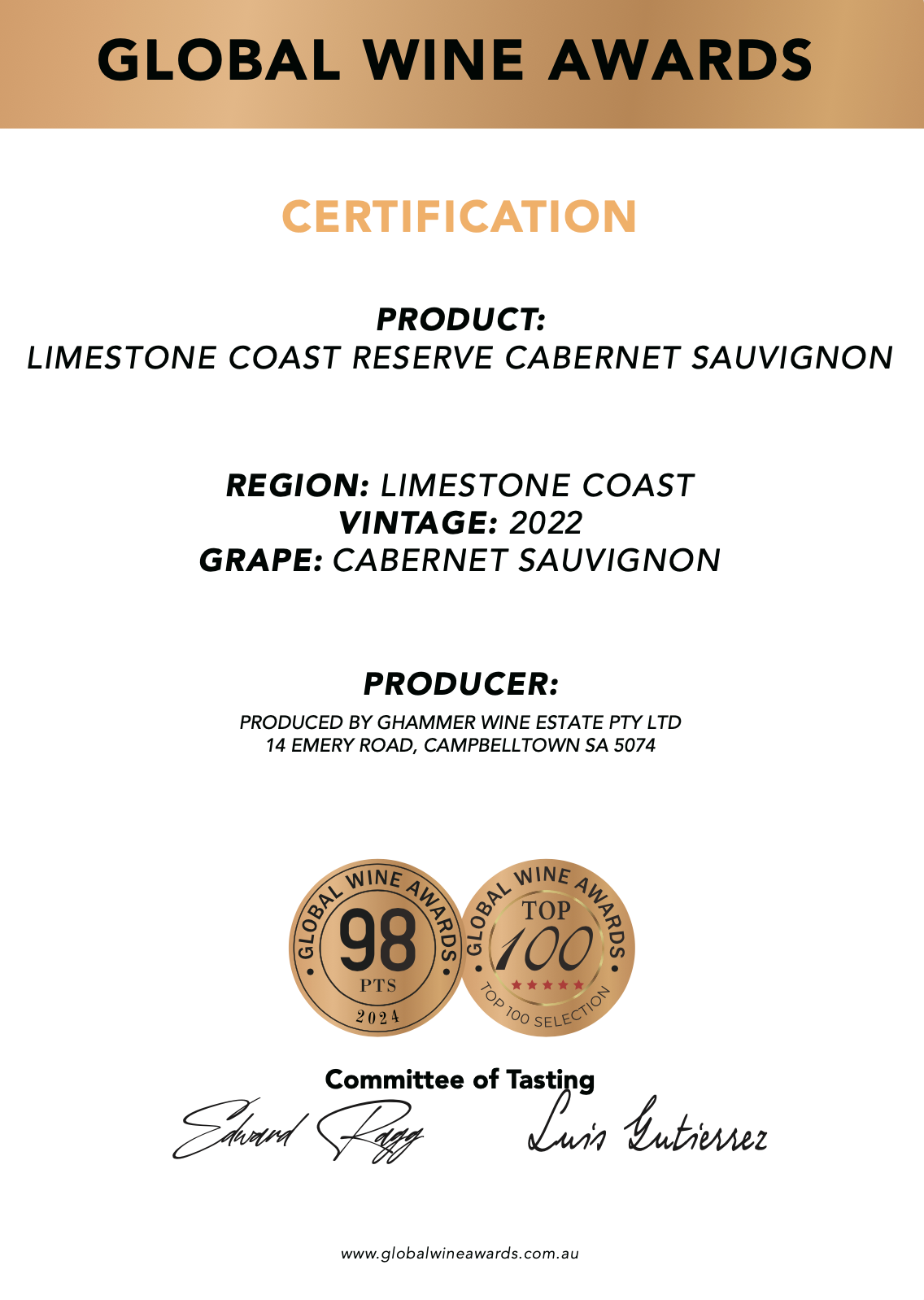 Limestone Coast Reserve Cabernet Sauvignon 98 Points · Top 100 证书