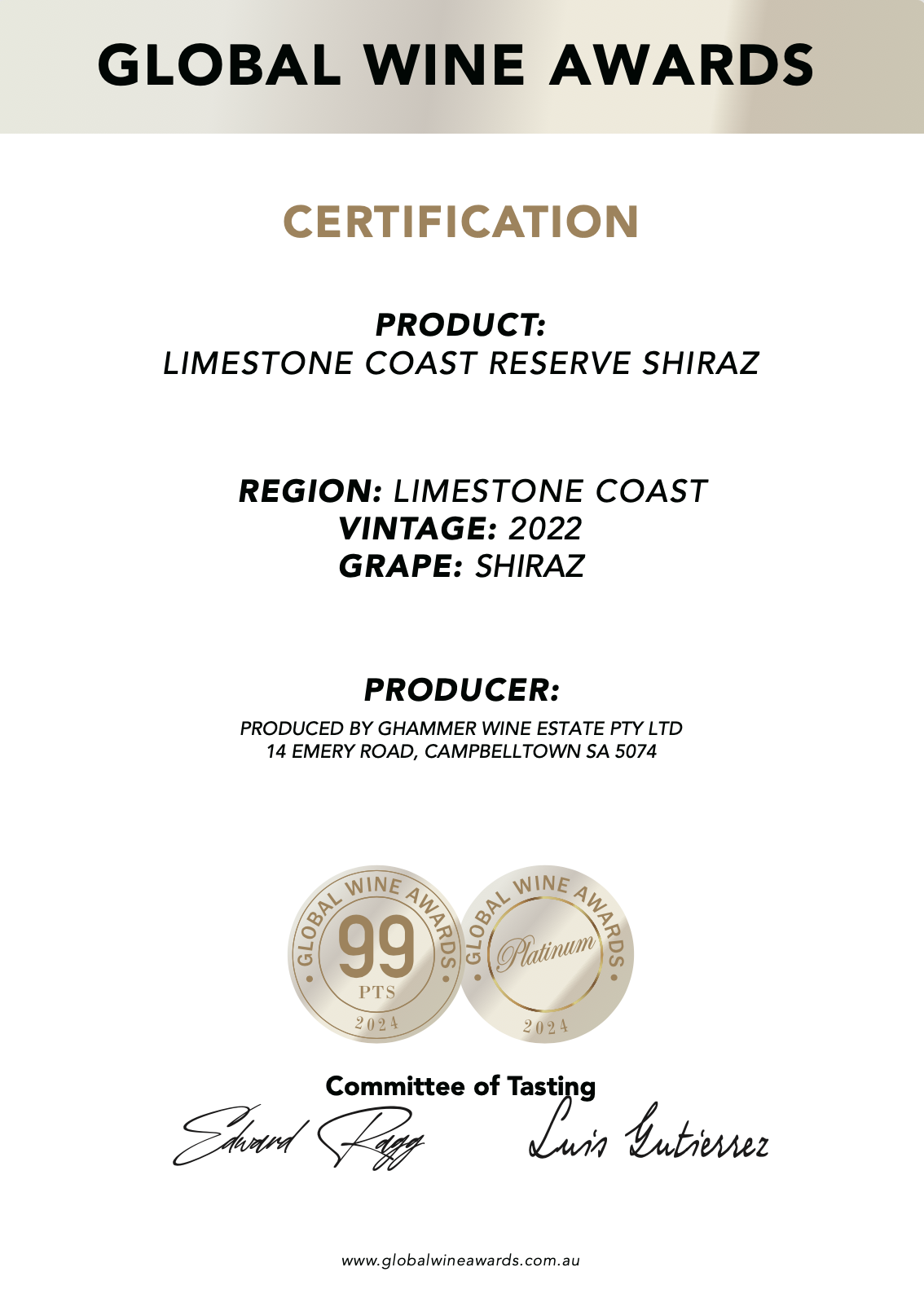 Limestone Coast Reserve Shiraz 99 Points · Platinum 证书